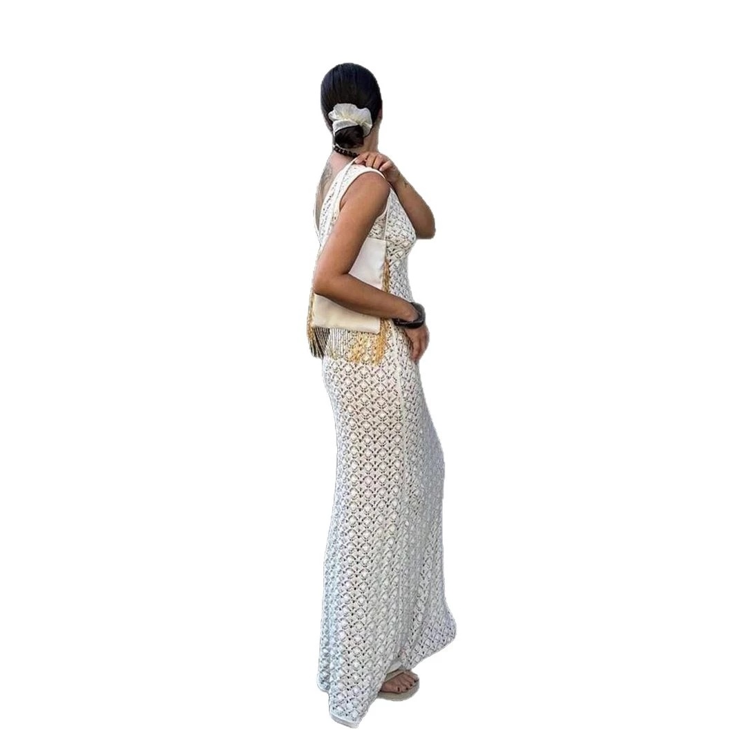 Women Hollow Knitted Beach Dress Summer Sleeveless Slim Cover-up Dress